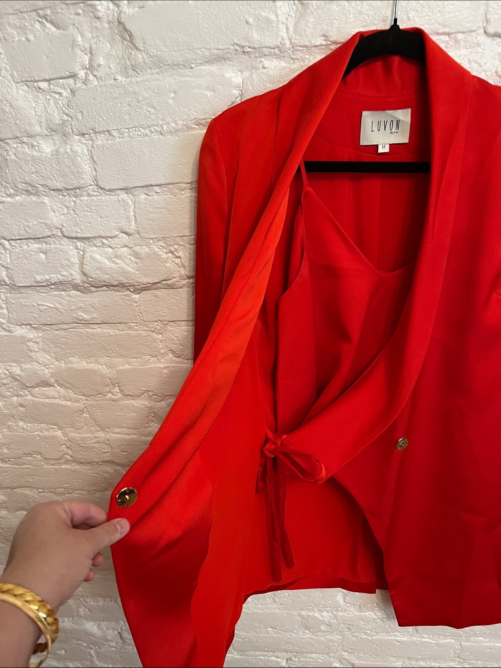 Red Draped Blazer with Single Button and cropped top ( 2 piece set) - Picture 2 of 5